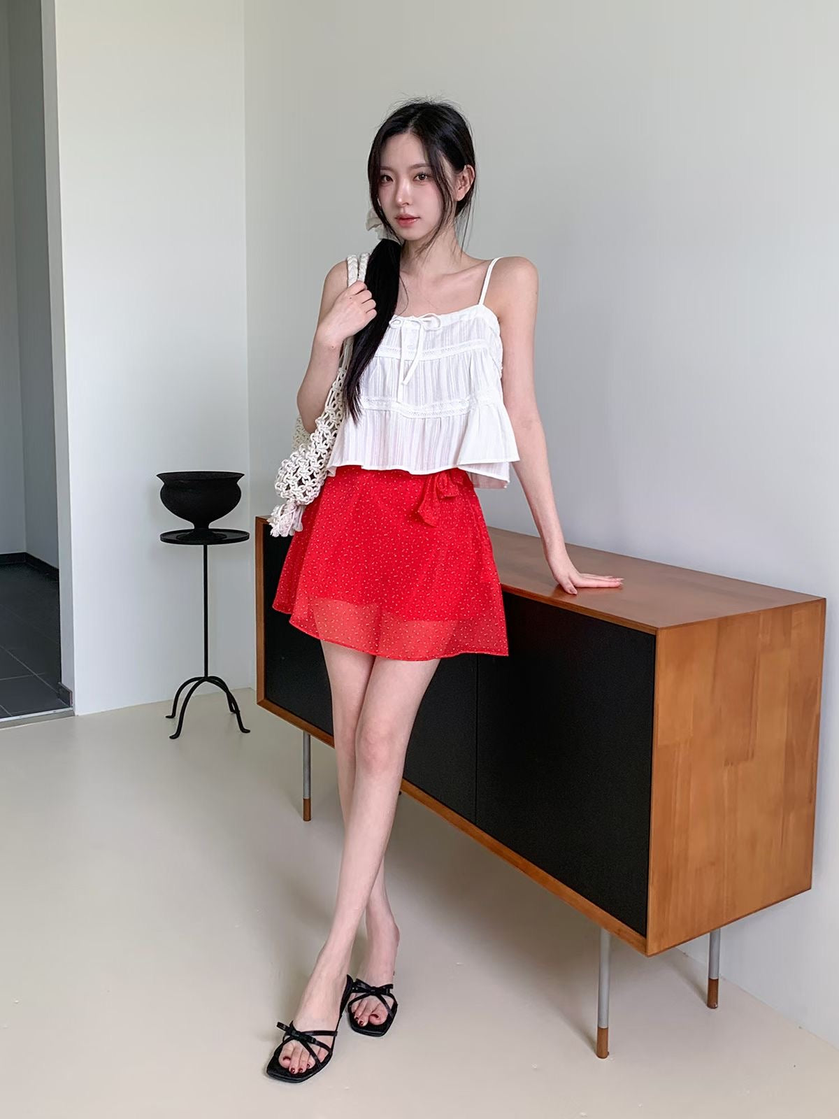 🍒 Polka Dot Chiffon Wrap Mini Skirt – Bow Tie Detail, A-Line Flare, Red & Black, from Korea