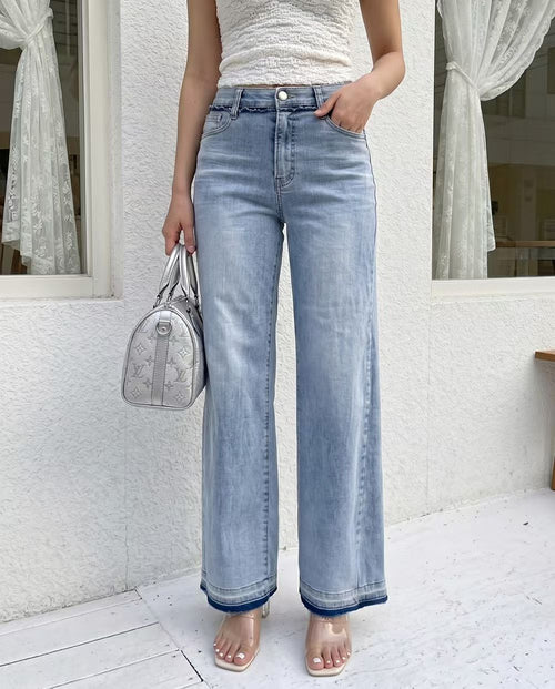 High-Waist Wide-Leg Raw Hem Jeans 💙 Light Wash & Grey. Made in Korea