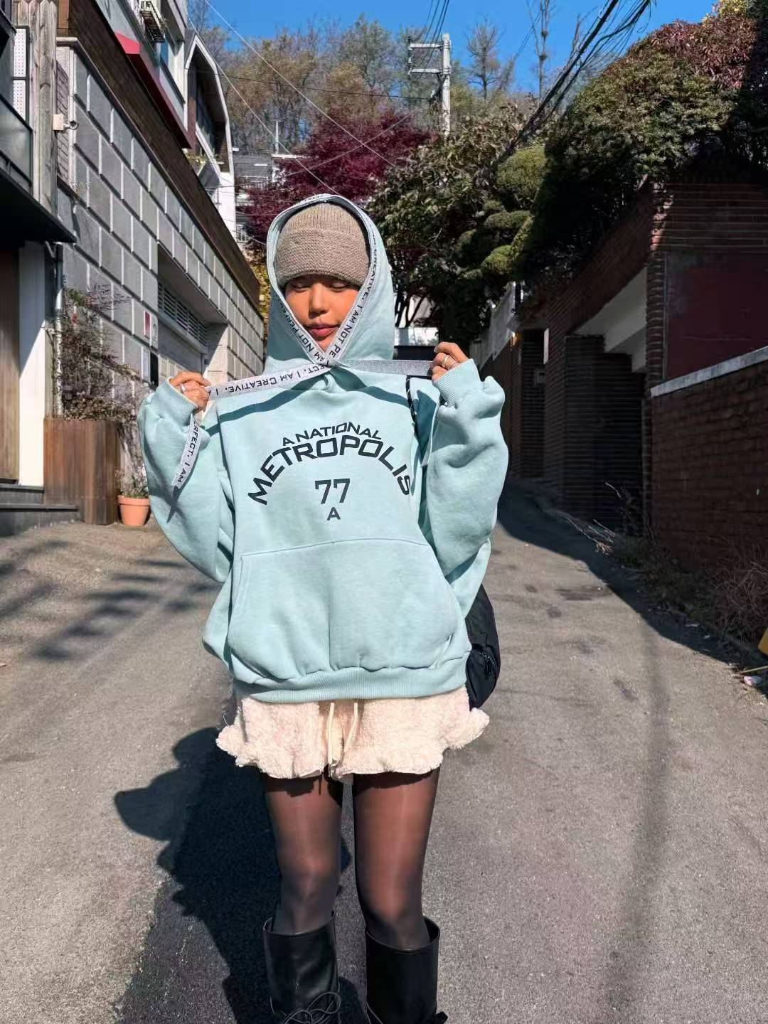 Korea Oversized "Metropolis 77" Graphic Hoodie | Mint Green Streetwear Pullover with Ribbon Drawstring 🩵🎧