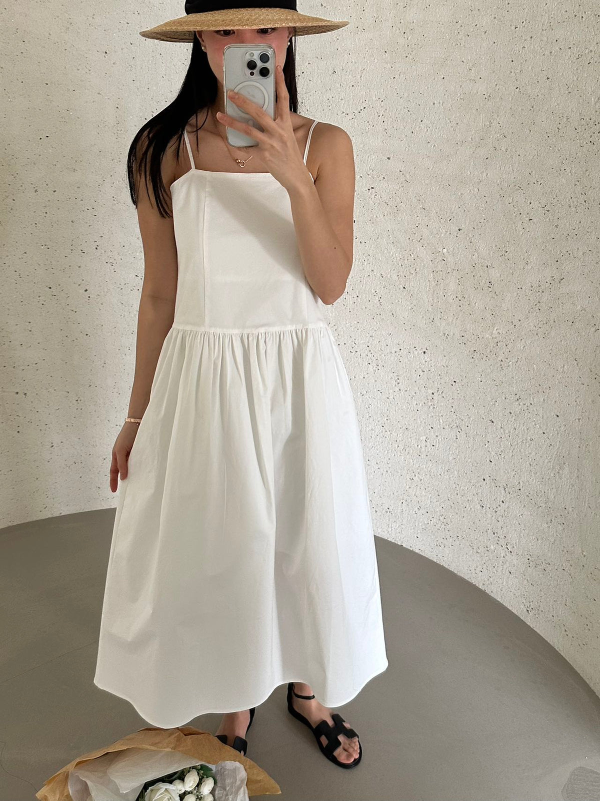 Korean Cotton Spaghetti Strap Gathered Midi Dress