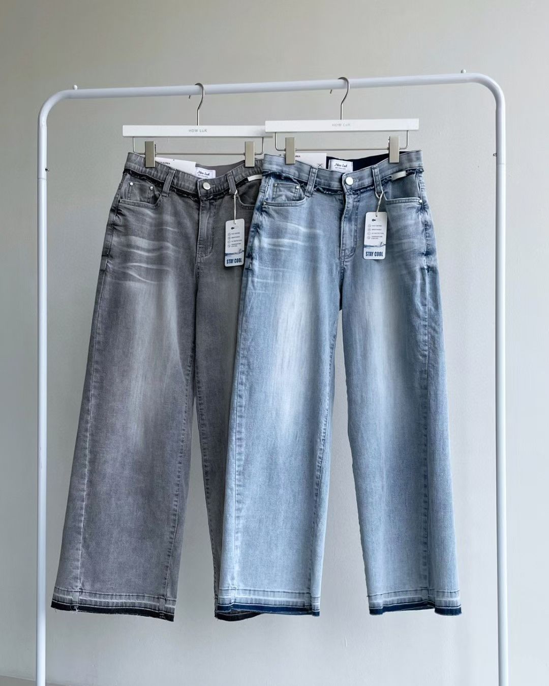 High-Waist Wide-Leg Raw Hem Jeans 💙 Light Wash & Grey. Made in Korea