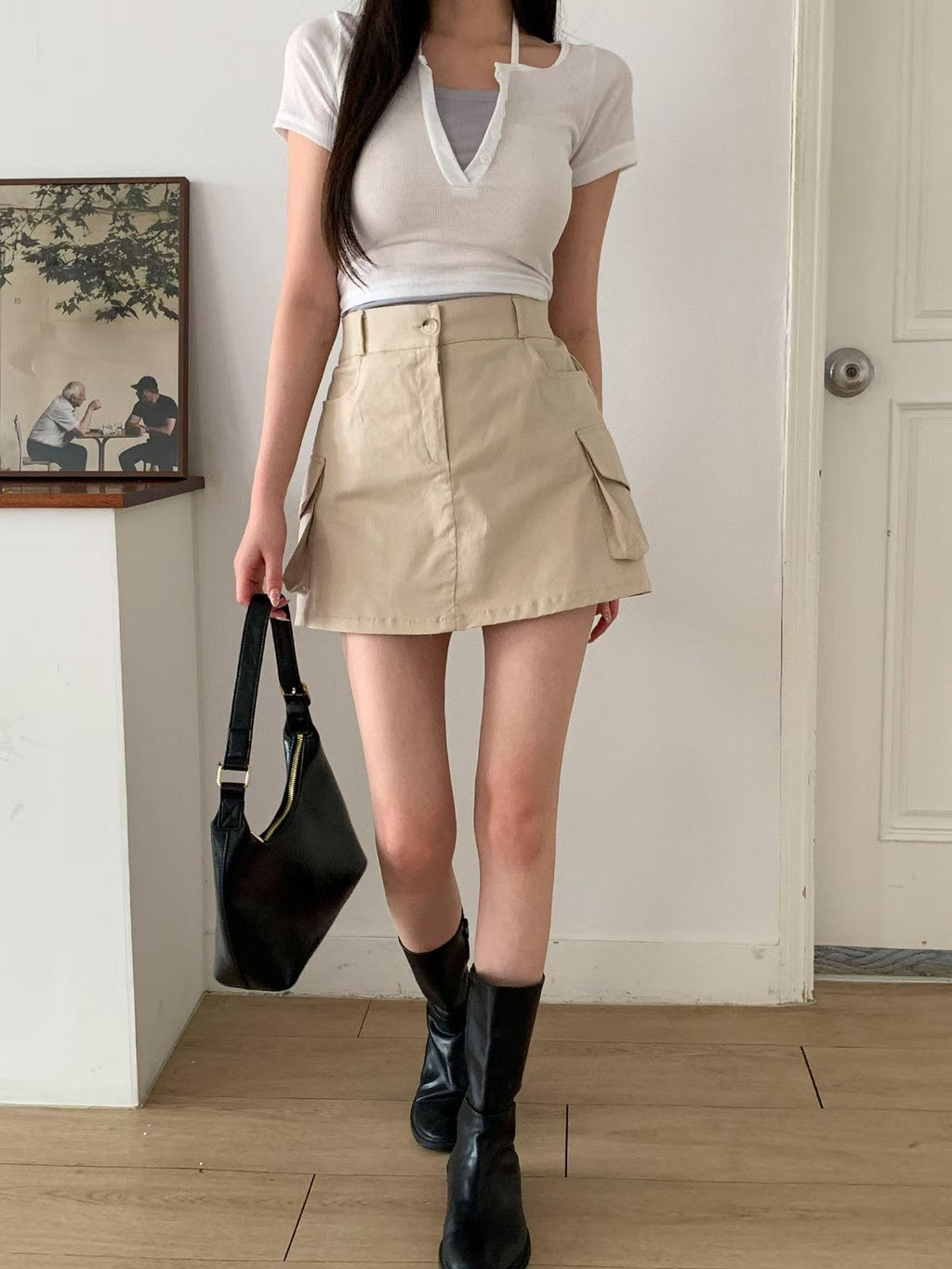 🎒 Cargo Pocket Mini Skirt – A-Line Fit, Utility Style, Beige/Ivory/Black