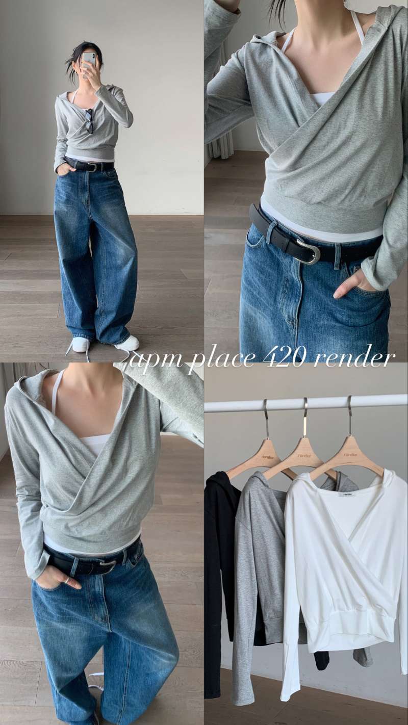 Heather white Hooded Wrap Top | Soft Cotton Blend Crossover Long Sleeve 🌫️✨Made in Korea