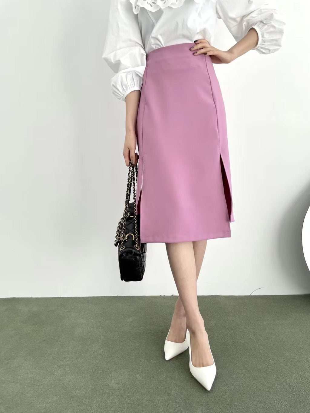 Rose Pink High-Waist Asymmetric Slit Midi Skirt 🌸Made in Korea