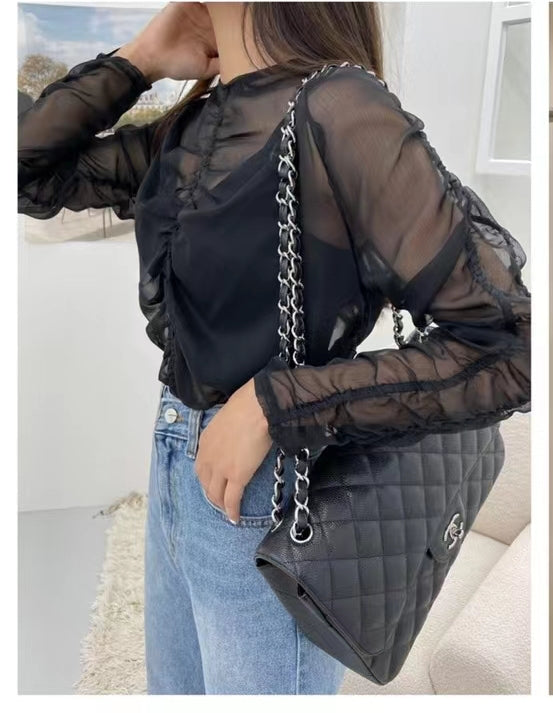 Sheer Ruched Mesh Blouse | Layered Cami Top — Korean Style