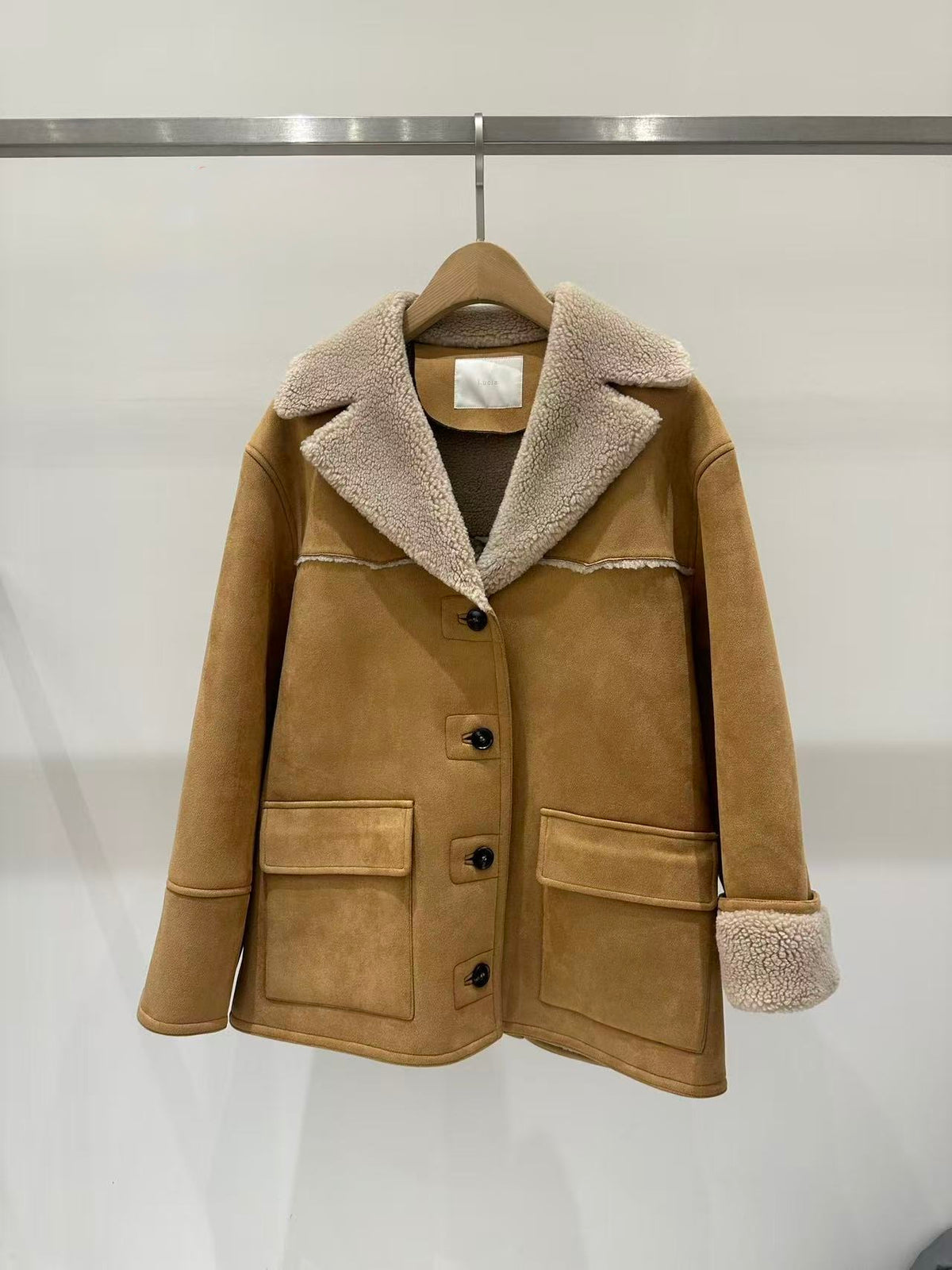 🧥 Camel Shearling Collar Suede Coat | Cozy Faux Shearling Trim Jacket ✨