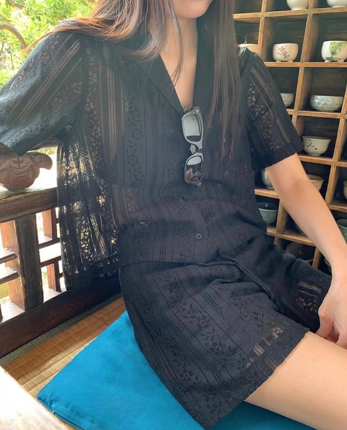 🖤 Black Lace Floral Two-Piece Set | Sheer Crochet Button-Up Top & Matching Shorts | Boho Vacation Co-ord. Made in Korea
