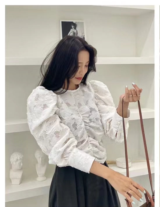 Korea Textured Jacquard Puff Sleeve Blouse | Ruched Front Crew Neck Top