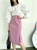 Rose Pink High-Waist Asymmetric Slit Midi Skirt 🌸Made in Korea
