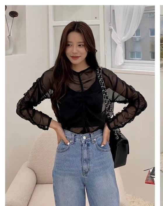 Sheer Ruched Mesh Blouse | Layered Cami Top — Korean Style