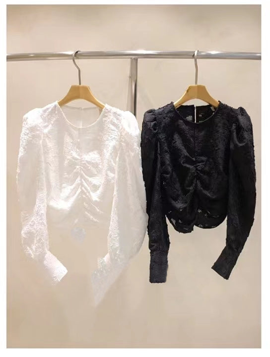 Korea Textured Jacquard Puff Sleeve Blouse | Ruched Front Crew Neck Top