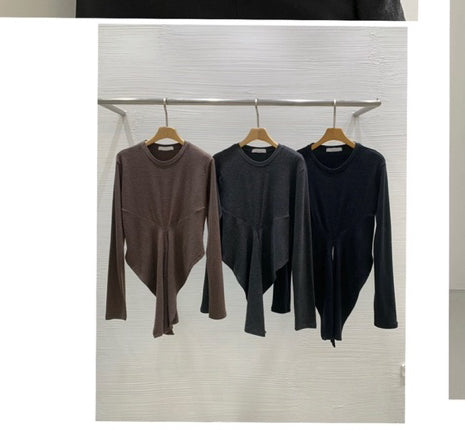 Korea Ruched Twist Front Sweater Top | Long Sleeve Stretch Knit Fitted Crew Neck