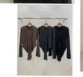 Korea Ruched Twist Front Sweater Top | Long Sleeve Stretch Knit Fitted Crew Neck