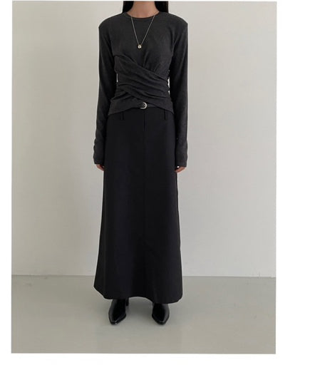 Korea Ruched Twist Front Sweater Top | Long Sleeve Stretch Knit Fitted Crew Neck