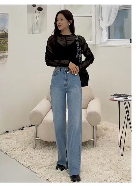 Sheer Ruched Mesh Blouse | Layered Cami Top — Korean Style