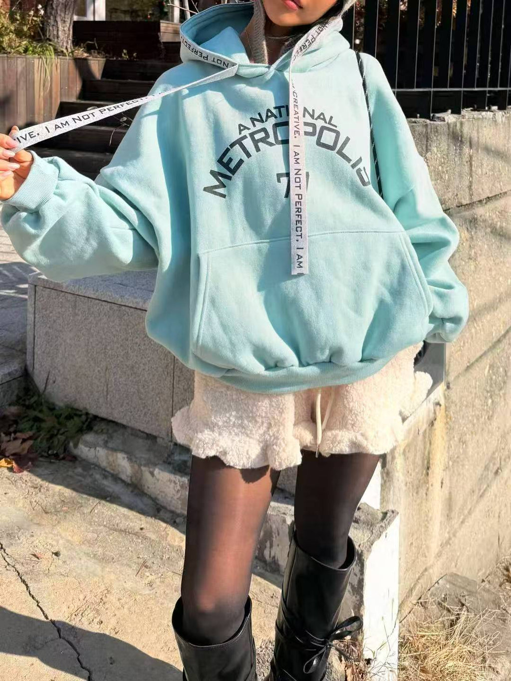Korea Oversized "Metropolis 77" Graphic Hoodie | Mint Green Streetwear Pullover with Ribbon Drawstring 🩵🎧