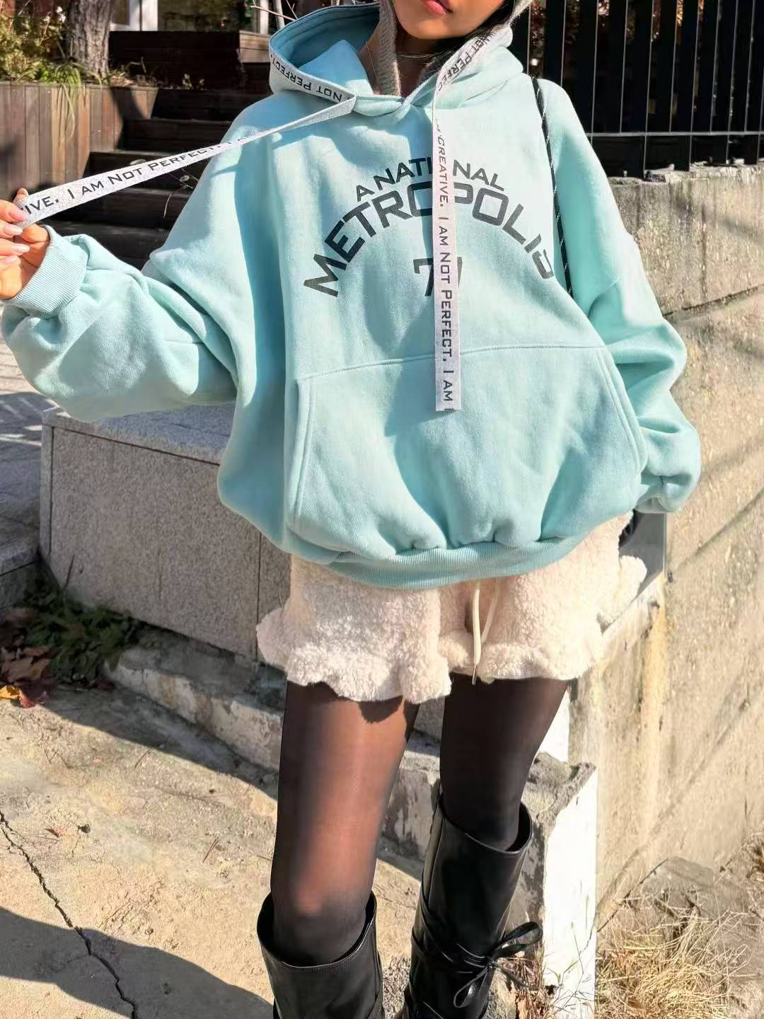 Korea Oversized "Metropolis 77" Graphic Hoodie | Mint Green Streetwear Pullover with Ribbon Drawstring 🩵🎧