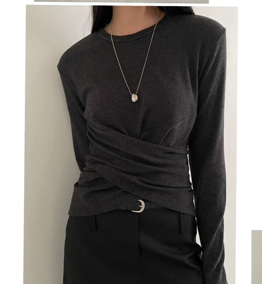 Korea Ruched Twist Front Sweater Top | Long Sleeve Stretch Knit Fitted Crew Neck