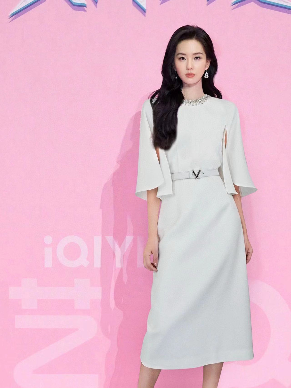 ✨ Elegant Crystal Neckline Flare Sleeve Midi Dress