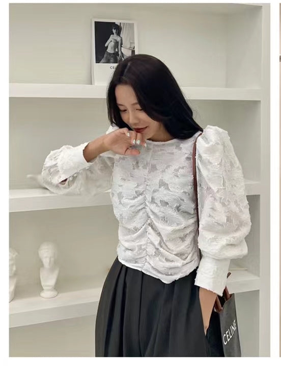 Korea Textured Jacquard Puff Sleeve Blouse | Ruched Front Crew Neck Top