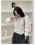 Korea Textured Jacquard Puff Sleeve Blouse | Ruched Front Crew Neck Top