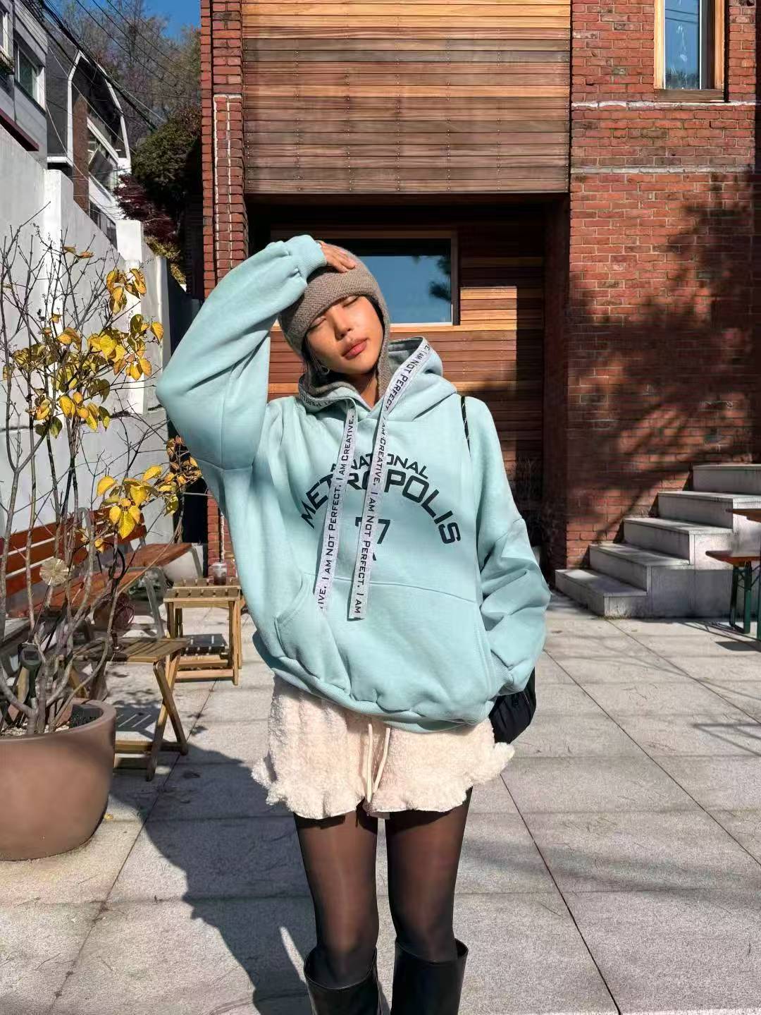 Korea Oversized "Metropolis 77" Graphic Hoodie | Mint Green Streetwear Pullover with Ribbon Drawstring 🩵🎧
