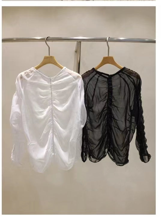 Sheer Ruched Mesh Blouse | Layered Cami Top — Korean Style