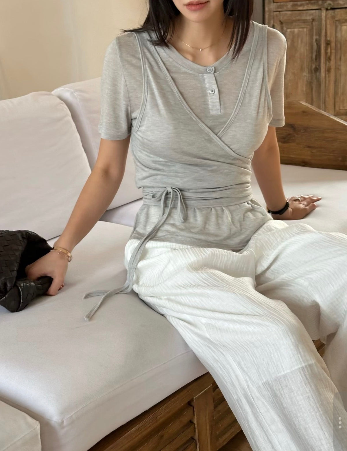 Korea 2-in-1 Wrap Layered Tee 🤎 Cami + Henley Set-Look