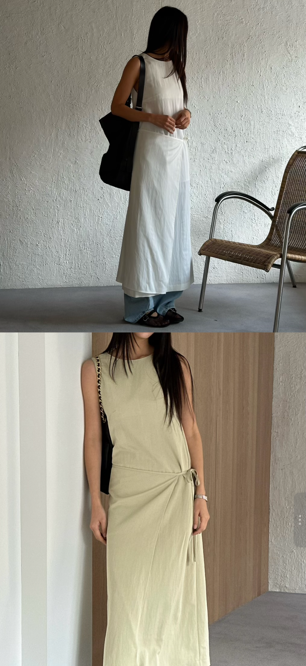 Sleeveless Wrap-Tie Maxi Dress | Side-Slit Layered Dress in Ivory, Khaki & Black 🤍🌿🖤  Made in Korea
