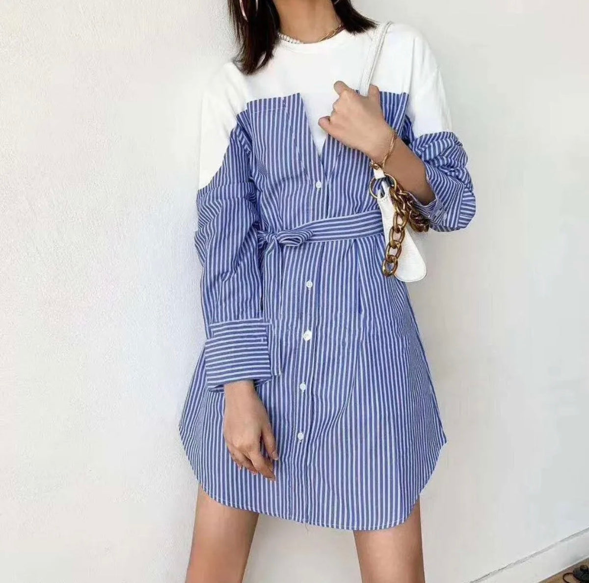 Korean Cotton Striped Shirt Dress