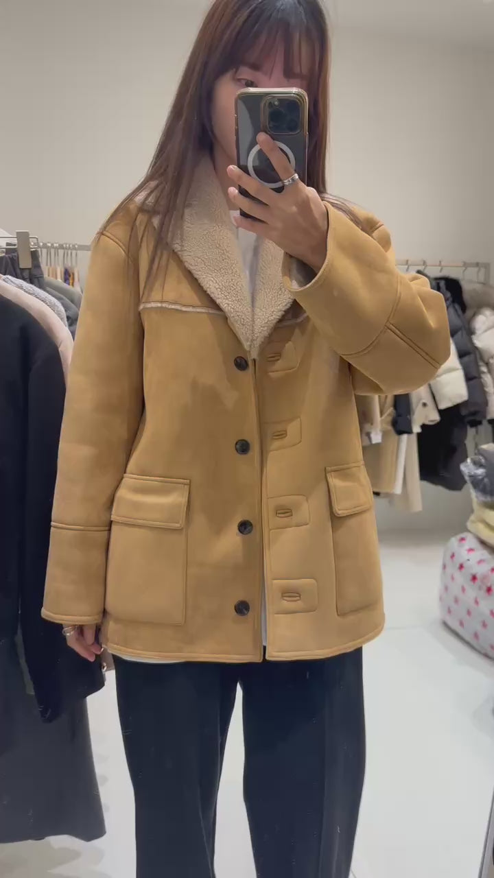 🧥 Camel Shearling Collar Suede Coat | Cozy Faux Shearling Trim Jacket ✨